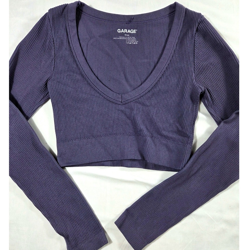Garage Ribbed Seamless V-Neck Long Sleeve Crop Top Purple XS